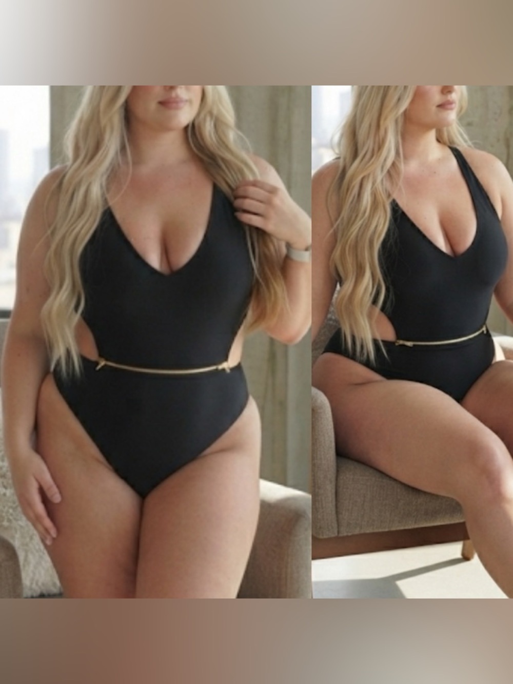 Black One-Piece Swimsuit with Gold zipper 2X